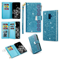 For Samsung Galaxy A6 (2018) Multi-card Slots Starry Sky Laser Carving Glitter Zipper Horizontal Flip Leather Case with Holder & Wallet & Lanyard(Sky Blue)