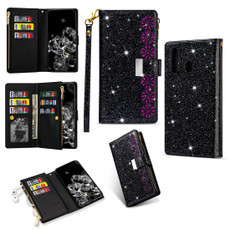 For Samsung Galaxy A21 Multi-card Slots Starry Sky Laser Carving Glitter Zipper Horizontal Flip Leather Case with Holder & Wallet & Lanyard(Black)