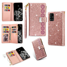 For Samsung Galaxy A71 Multi-card Slots Starry Sky Laser Carving Glitter Zipper Horizontal Flip Leather Case with Holder & Wallet & Lanyard(Rose Gold)