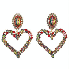 2 PCS Heart Shaped Alloy Retro Earrings With Colored Rhinestone Flashing Full Rhinestone Earrings(Red)
