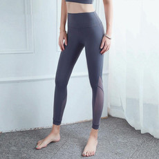 Double Sided Brocade Nude Fitness Pants Mesh Stitching High Waist Yoga Pants (Color:Gray Purple Size:M)