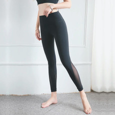 Double Sided Brocade Nude Fitness Pants Mesh Stitching High Waist Yoga Pants (Color:Black Size:S)