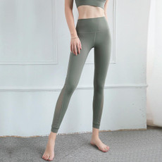 Double Sided Brocade Nude Fitness Pants Mesh Stitching High Waist Yoga Pants (Color:Green Grey Size:S)