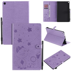 For Amazon Kindle Fire HD 10 (2015) / (2017)  Cat Bee Embossing Pattern Shockproof Table PC Protective Horizontal Flip Leather Case with Card Slots & Wallet & Pen Slot & Sleep / Wake-up Function(Purple)