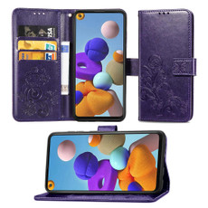 For Samsung Galaxy A21s Lucky Clover Pressed Flowers Pattern Leather Case with Holder & Card Slots & Wallet & Hand Strap(Purple)