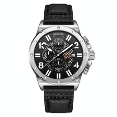 Ochstin 6122 Multi Function Quartz Watch Sports Luminous Waterproof Watch Calendar Leather Men Watch(Silver Black)