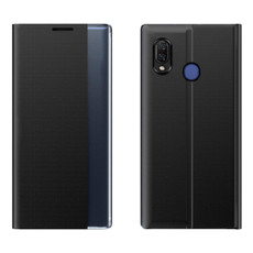 For Galaxy A20 / A30 Side Display Magnetic Horizontal Flip Plain Texture Cloth + PC Case with Holder & Sleep / Wake-up Function(Black)