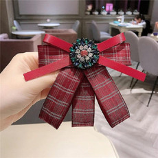 Women Fresh Plaid Bow Tie Diamond Bow-knot Brooch Shirt Accessories(Red)