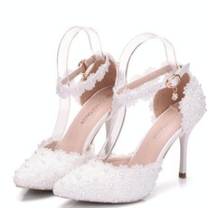 Women Shoes Lace Pearl Princess Pointed Shoes, Size:38(White 9.5 cm)