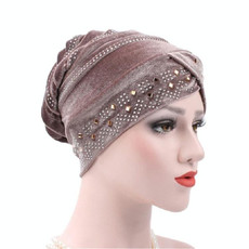 Pleuche Rhinestone Turban Hat Stacking Hat, Size:Adjustable(Light Brown)