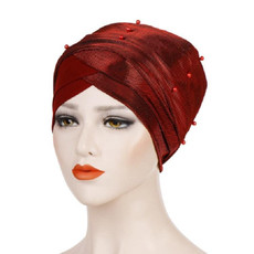 2 PCS Women Beaded Two-color Turban Hat Bright Silk Cloth Hooded Cap(Red Wine)