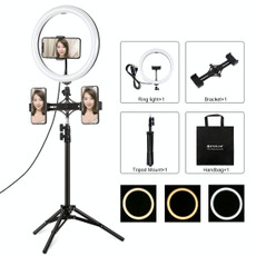 PULUZ 11.8 inch 30cm Light + 1.1m Tripod Mount + Dual Phone Brackets Curved Surface USB 3 Modes Dimmable Dual Color Temperature LED Ring Vlogging Video Light Live Broadcast Kits with Phone Clamp(Black)