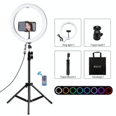PULUZ 11.8 inch 30cm RGBW Light + 1.1m Tripod Mount Curved Surface Dimmable LED Dual Color Temperature LED Ring Selfie Vlogging Video Light  Live Broadcast Kits with Cold Shoe Tripod Ball Head & Phone Clamp & Remote Control(Black)