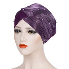 2 PCS Women Beaded Two-color Turban Hat Bright Silk Cloth Hooded Cap(Purple)