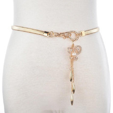 Women Thin Belt Metal Rhinestone Decorative Waist Chain, Length:62cm, Style:One Pearl Butterfly Pendant