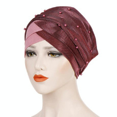 2 PCS Women Beaded Two-color Turban Hat Bright Silk Cloth Hooded Cap(Hide Powder)