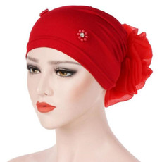 Women Personality Rear Flower Decoration Turban Hat Beaded Hooded Cap, Size:M (56-58cm)(Red)
