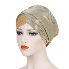 2 PCS Women Beaded Two-color Turban Hat Bright Silk Cloth Hooded Cap(Beige Yellow)