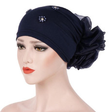 Women Personality Rear Flower Decoration Turban Hat Beaded Hooded Cap, Size:M (56-58cm)(Navy)