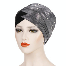 2 PCS Women Beaded Two-color Turban Hat Bright Silk Cloth Hooded Cap(Gray + Black)