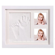 Solid Wood Three-frame BabyHands and Feet Mud Print Photo Frame with Cover(White Photo Frame White Mud)