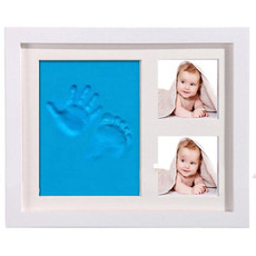 Solid Wood Three-frame BabyHands and Feet Mud Print Photo Frame with Cover(White Photo Frame Blue Mud)
