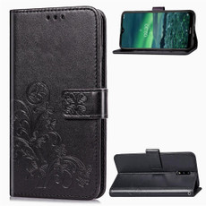 For Nokia 2.3 Lucky Clover Pressed Flowers Pattern Leather Case with Holder & Card Slots & Wallet & Hand Strap(Black)