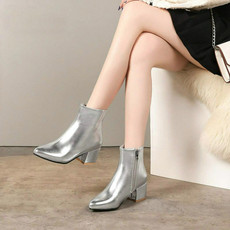 Autumn  Winter Glitter Square Heel Pointed Low-Top Women Boots, Size:34(Silver)
