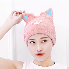 Coral Fleece Soft Absorbent Cat Ear Dry Hair Cap Thickened Adult Shower Cap(Pink)
