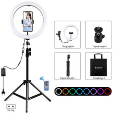 PULUZ 11.8 inch 30cm RGB Light 1.1m Tripod Mount Dimmable LED Ring Vlogging Selfie Photography Video Lights Live Broadcast Kits with Cold Shoe Tripod Ball Head & Phone Clamp(EU Plug)