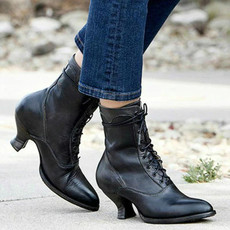 Women High Heels Large Size Lace Boots Fighter Retro PU Leather Round Toe Shoes, Shoe Size:43(Black)