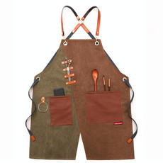 Denim Apron Barber Milk Tea Shop Waiter Overalls(Green-yellow Hook Strap)