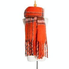 Autumn & Winter Polyester Ladies Warmth Thickened Fringed Fine Grid Scarf, Size:190cm(GWB12-04 Orange)