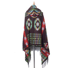 Autumn And Winter Horn Buckle Ethnic Style Hooded Cloak Shawl Bohemian Hooded Shawl, Size:135-175cm(A Style Coffee Color)