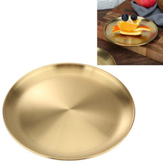 Stainless Steel Thickened Round Plate Cafe Tray Fruit Cake Plate Bone Plate Dish Shallow Plate, Diameter: 17cm, Style: Brushed Matte Gold