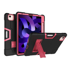 For iPad Air 2022 / 2020 10.9 Contrast Color Robot Shockproof Silicon + PC Protective Case with Holder & Pen Slot(Black + Rose Red)