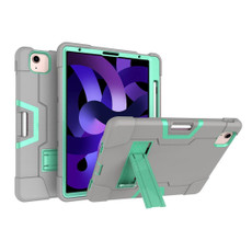 For iPad Air 2022 / 2020 10.9 Contrast Color Robot Shockproof Silicon + PC Protective Case with Holder & Pen Slot(Grey + Mint Green)