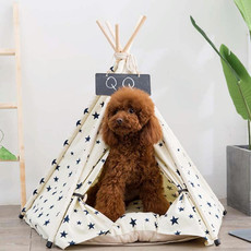 Cotton Canvas Pet Tent Cat and Dog Bed with Cushion, Specification: Large 606070cm(Beige Star)