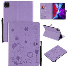 For iPad Pro 11 (2020) & (2018) Cat Bee Embossing Pattern Horizontal Flip Leather Tablet Case with Holder & Card Slots & Wallet & Pen Slot & Wake-up / Sleep Function(Purple)