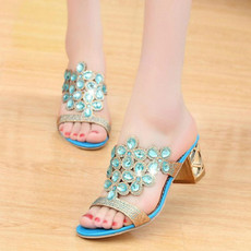 Fashion Thick Heel Rhinestone Fish Mouth Slippers, Size:41(Sky Blue)