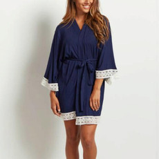 Solid Color Maternity Dress Lace Stitching Three-point Sleeves with Cardigan Breastfeeding Robes Pajamas, Size:S(Navy Blue)