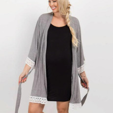 Solid Color Maternity Dress Lace Stitching Three-point Sleeves with Cardigan Breastfeeding Robes Pajamas, Size:S(Dark Gray)