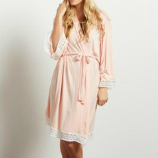 Solid Color Maternity Dress Lace Stitching Three-point Sleeves with Cardigan Breastfeeding Robes Pajamas, Size:S(Pink)