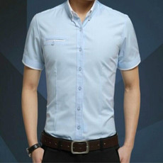 Men Business Shirt Short Sleeves Turn-down Collar Shirt, Size:XXL(Light Blue)