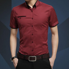 Men Business Shirt Short Sleeves Turn-down Collar Shirt, Size:L(Wine Red)
