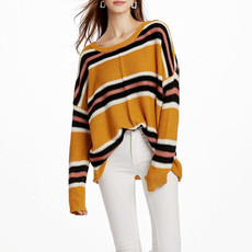 Women Knitwear Turtleneck Sweater, Size: XL(Yellow Black Stripes)