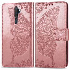 For OPPO A5 (2020) / A9 (2020) Butterfly Love Flower Embossed Horizontal Flip Leather Case with Bracket Lanyard Card Slot Wallet(Rose Gold)