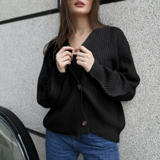 Fashion Cardigan Solid Color Knit Button Sweater (Color:Black Size:XL)