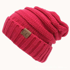 CC Letter Solid Color Wool Hats Concise Knitting Hat(Magenta)