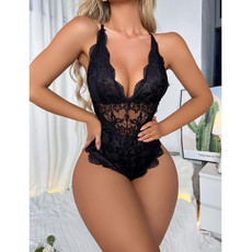Women Sexy Lingerie Lace Hollow Out Temptation Bodysuits Deep V Neck Underwear, Size: L(Black)